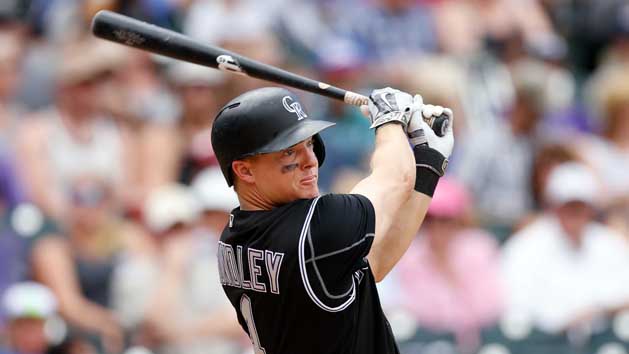 Jul 24, 2016; Denver, CO, USA; Colorado Rockies catcher Nick Hundley (4) watches his ball on an RBI single in the third inning against the Atlanta Braves at Coors Field. Photo Credit: Isaiah J. Downing-USA TODAY Sports