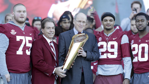 Jan 20, 2018; Tuscaloosa, AL, USA; Alabama Crimson Tide players Bradley Bozeman (75) and Anthony Averett (28) and Shaun Dion Hamilton (20) pose with head coach Nick Saban and College Football Playoff president Bill Hancock with the trophy at the Alabama Crimson Tide National Championship Celebration at Bryant-Denny Stadium. Photo Credit: Marvin Gentry-USA TODAY Sports