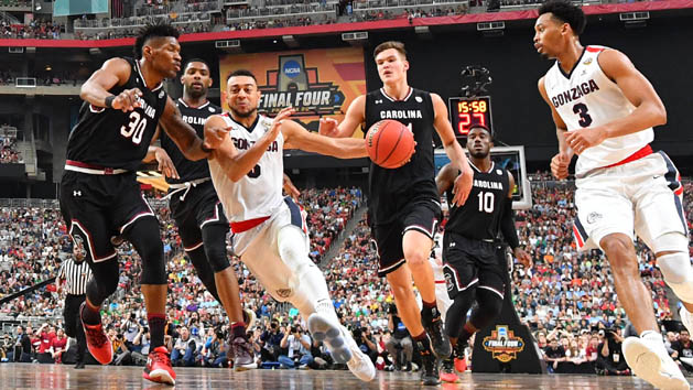 Apr 1, 2017; Glendale, AZ, USA; Gonzaga Bulldogs guard Nigel Williams-Goss (5) drives to the basket past South Carolina Gamecocks forward Chris Silva (30) in the semifinals of the 2017 NCAA Men's Final Four at University of Phoenix Stadium. Photo Credit: Bob Donnan-USA TODAY Sports