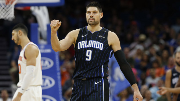Nov 18, 2018; Orlando, FL, USA; Orlando Magic center Nikola Vucevic (9) pumps his fist against the New York Knicks during the first quarter at Amway Center. Photo Credit: Kim Klement-USA TODAY Sports