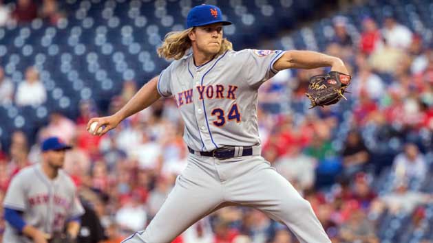 Apr 18, 2016; Philadelphia, PA, USA; New York Mets starting pitcher Noah Syndergaard (34) pitches during the first inning against the Philadelphia Phillies at Citizens Bank Park. Mandatory Credit: Bill Streicher-USA TODAY Sports