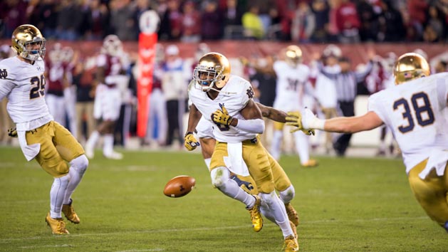 Oct 31, 2015; Philadelphia, PA, USA; Notre Dame Fighting Irish cornerback KeiVarae Russell (6) celebrates after an interception in the fourth quarter against the Temple Owls at Lincoln Financial Field. Notre Dame won 24-20. Mandatory Credit: Matt Cashore-USA TODAY Sports