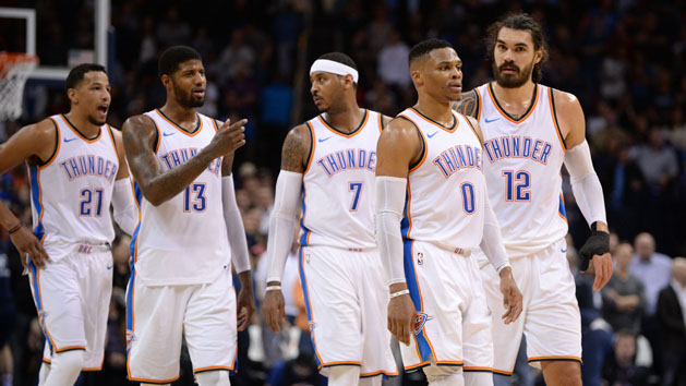 Dec 5, 2017; Oklahoma City, OK, USA; Oklahoma City Thunder guard Andre Roberson (21) forward Paul George (13) forward Carmelo Anthony (7) guard Russell Westbrook (0) and center Steven Adams (12) take the court after a timeout in action against the Utah Jazz during the fourth quarter at Chesapeake Energy Arena. Photo Credit: Mark D. Smith-USA TODAY Sports