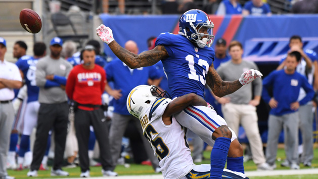 Dec 18, 2016; East Rutherford, NJ, USA; New York Giants wide receiver Odell Beckham (13) catches the ball in front of Detroit Lions cornerback Darius Slay (23) during the first half at MetLife Stadium. Photo Credit: Robert Deutsch-USA TODAY Sports