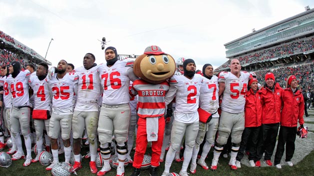 Nov 19, 2016; East Lansing, MI, USA; Ohio State Buckeyes celebrate a win over the Michigan State Spartans after a game at Spartan Stadium. Photo Credit: Mike Carter-USA TODAY Sports