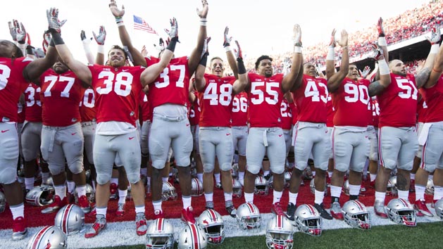 Sep 12, 2015; Columbus, OH, USA; The Ohio State Buckeyes sing Carmen Ohio after the game against the Hawaii Warriors at Ohio Stadium. Ohio State won the game 38-0. Mandatory Credit: Greg Bartram-USA TODAY Sports
