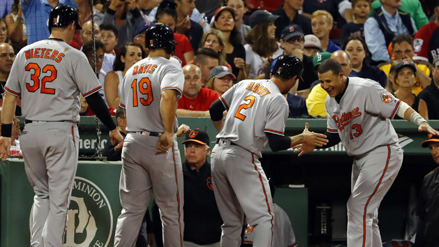 Sep 13, 2016; Boston, MA, USA; As Baltimore Orioles manager Buck Showalter (26) (center) looks on as shortstop J.J. Hardy (2) is congratulated by third baseman Manny Machado (13) as catcher Matt Wieters (32) and first baseman Chris Davis (19) looks on after his three-run home run against the Boston Red Sox during the second inning at Fenway Park. Photo Credit: Winslow Townson-USA TODAY Sports