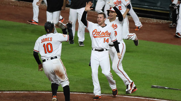 May 9, 2017; Baltimore, MD, USA; Baltimore Orioles outfielder Adam Jones (10) is greeted by teammates after scoring the game winning run in the 12th inning against the Washington Nationals at Oriole Park at Camden Yards. Photo Credit: Mitch Stringer-USA TODAY Sports