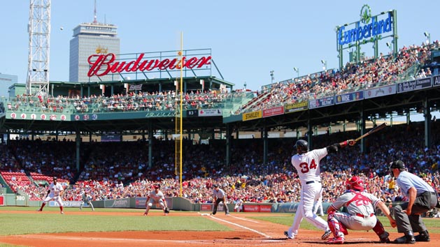 Sep 6, 2015; Boston, MA, USA; Boston Red Sox designated hitter David Ortiz (34) hits a two-run home run, the 497th of his career during the first inning against the Philadelphia Phillies at Fenway Park. Photo Credit: Winslow Townson-USA TODAY Sports