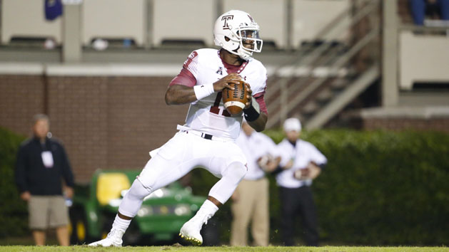 Oct 22, 2015; Greenville, NC, USA; Temple Owls quarterback P. J. Walker (11) drops back to pass against the East Carolina Pirates at Dowdy-Ficklen Stadium. The Temple Owls defeated the East Carolina Pirates 24-14. Mandatory Credit: James Guillory-USA TODAY Sports