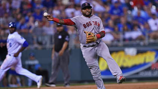 Jun 19, 2017; Kansas City, MO, USA; Boston Red Sox third basemen Pablo Sandoval (48) makes a throw to first for an out against the Kansas City Royals during the seventh inning at Kauffman Stadium. Photo Credit: Peter G. Aiken-USA TODAY Sports