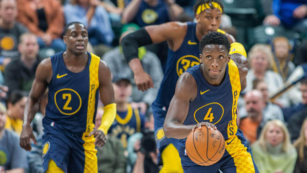 Feb 3, 2018; Indianapolis, IN, USA; Indiana Pacers guard Victor Oladipo (4) leads a fast break in the second half against the Philadelphia 76ers at Bankers Life Fieldhouse. Photo Credit: Trevor Ruszkowski-USA TODAY Sports