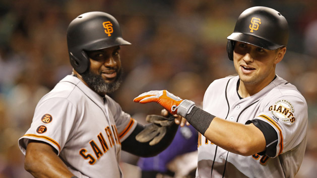 May 12, 2016; Phoenix, AZ, USA; San Francisco Giants second baseman Joe Panik (12) celebrates with Denard Span (2) after hitting a two run home run against the Arizona Diamondbacks in the fifth inning at Chase Field. Photo Credit: Rick Scuteri-USA TODAY Sports
