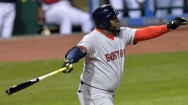 Apr 6, 2016; Cleveland, OH, USA; Boston Red Sox designated hitter David Ortiz (34) hits a solo home run in the sixth inning against the Cleveland Indians at Progressive Field. Mandatory Credit: David Richard-USA TODAY Sports