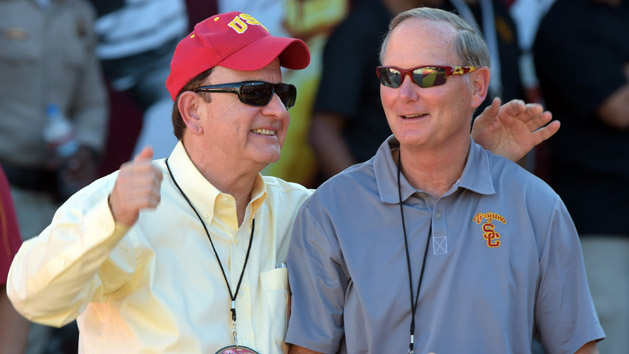 Sep 19, 2015; Los Angeles, CA, USA; Southern California Trojans president C.L. Max Nikias (left) and athletic director Pat Haden before the game against the Stanford Cardinal at Los Angeles Memorial Coliseum. Mandatory Credit: Kirby Lee-USA TODAY Sports