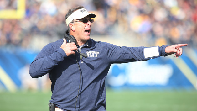 Nov 7, 2015; Pittsburgh, PA, USA; Pittsburgh Panthers head coach Pat Narduzzi reacts on the sidelines against the Notre Dame Fighting Irish during the second quarter at Heinz Field. Mandatory Credit: Charles LeClaire-USA TODAY Sports