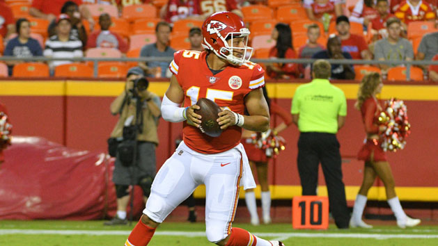 Aug 31, 2017; Kansas City, MO, USA; Kansas City Chiefs quarterback Patrick Mahomes (15) drops back to pass in the first half against the Tennessee Titans at Arrowhead Stadium. Photo Credit: Denny Medley-USA TODAY Sports