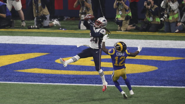 Feb 3, 2019; Atlanta, GA, USA; New England Patriots cornerback Stephon Gilmore (24) intercepts a pass indented for Los Angeles Rams wide receiver Brandin Cooks (12) in Super Bowl LIII at Mercedes-Benz Stadium. Photo Credit: Kevin Jairaj-USA TODAY Sports