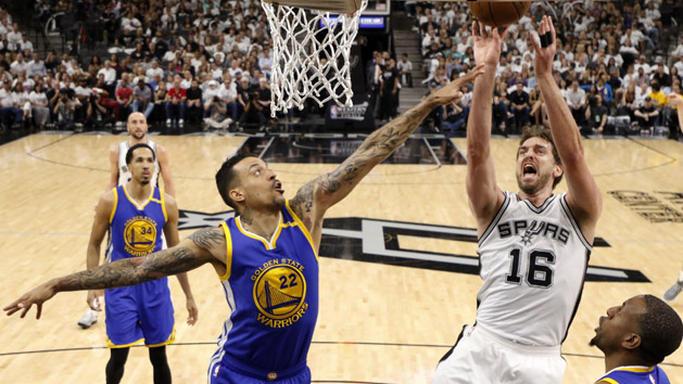 May 20, 2017; San Antonio, TX, USA; San Antonio Spurs center Pau Gasol (16) shoots the ball as Golden State Warriors small forward Matt Barnes (22) defends during the second half in game three of the Western conference finals of the NBA Playoffs at AT&T Center. Photo Credit: Soobum Im-USA TODAY Sports