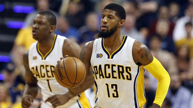 Apr 12, 2017; Indianapolis, IN, USA; Indiana Pacers forward Paul George (13) brings the ball up court against the Atlanta Hawks at Bankers Life Fieldhouse. Photo Credit: Brian Spurlock-USA TODAY Sports