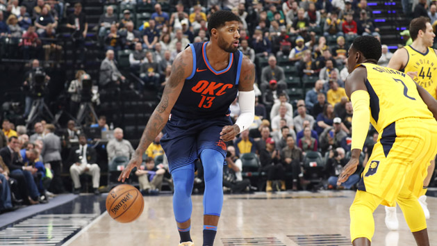 Dec 13, 2017; Indianapolis, IN, USA; Oklahoma City Thunder forward Paul George (13) dribbles the ball as Indiana Pacers guard Darren Collison (2) defends during the first quarter at Bankers Life Fieldhouse. Photo Credit: Brian Spurlock-USA TODAY Sports