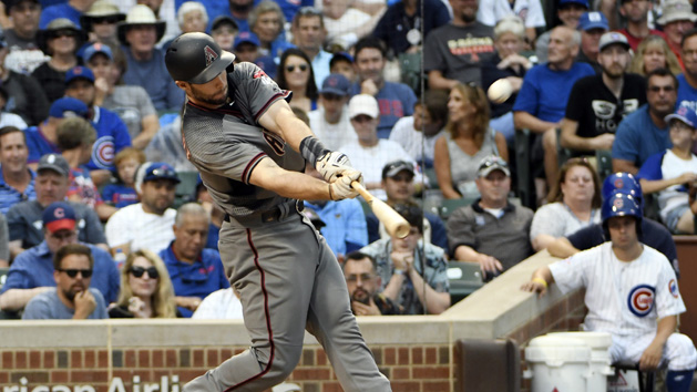 Aug 3, 2017; Chicago, IL, USA; Arizona Diamondbacks first baseman Paul Goldschmidt (44) hits a three-run home run against the Chicago Cubs during the first inning at Wrigley Field. Photo Credit: David Banks-USA TODAY Sports