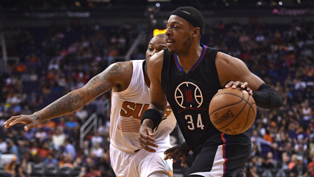 Apr 13, 2016; Phoenix, AZ, USA; Los Angeles Clippers forward Paul Pierce (34) dribbles against Phoenix Suns forward P.J. Tucker (17) at Talking Stick Resort Arena. The Suns won 114-105. Photo Credit: Joe Camporeale-USA TODAY Sports