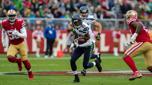 Nov 26, 2017; Santa Clara, CA, USA; Seattle Seahawks wide receiver Paul Richardson (10) runs past San Francisco 49ers outside linebacker Reuben Foster (56) during the first quarter at Levi's Stadium. Photo Credit: Sergio Estrada-USA TODAY Sports