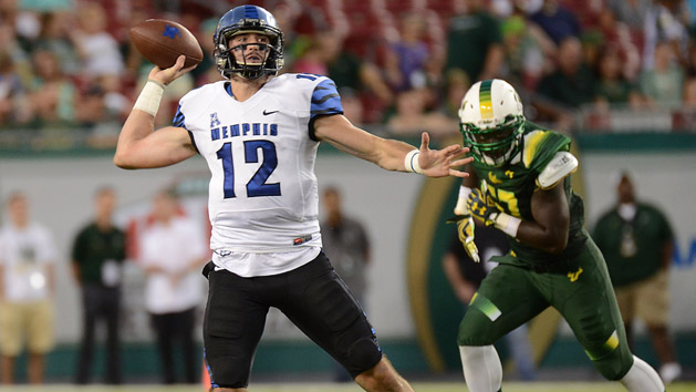 Oct 2, 2015; Tampa, FL, USA; Memphis Tigers quarterback Paxton Lynch (12) throws a pass in the first half against the South Florida Bulls at Raymond James Stadium. Mandatory Credit: Jonathan Dyer-USA TODAY Sports