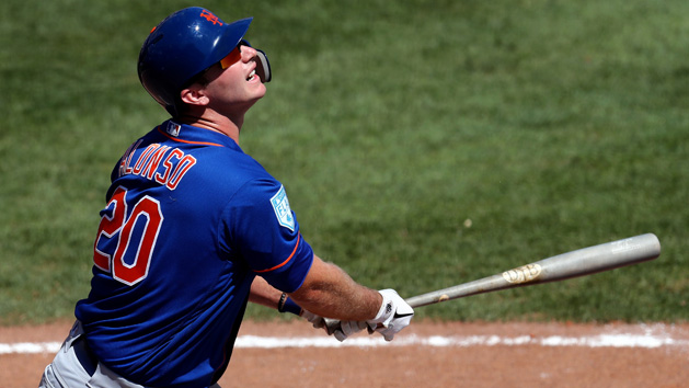 Mar 23, 2019; Lake Buena Vista, FL, USA; New York Mets first baseman Pete Alonso singles against the Atlanta Braves in the sixth inning at Champion Stadium. Photo Credit: Aaron Doster-USA TODAY Sports