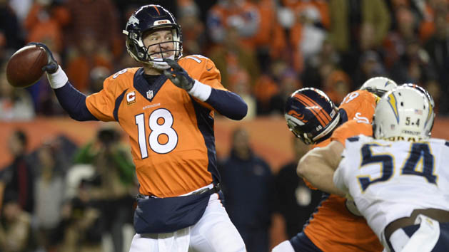 Sep 27, 2015; Detroit, MI, USA; Denver Broncos quarterback Peyton Manning (18) throws the ball during the fourth quarter against the Detroit Lions at Ford Field. Mandatory Credit: Tim Fuller-USA TODAY Sports