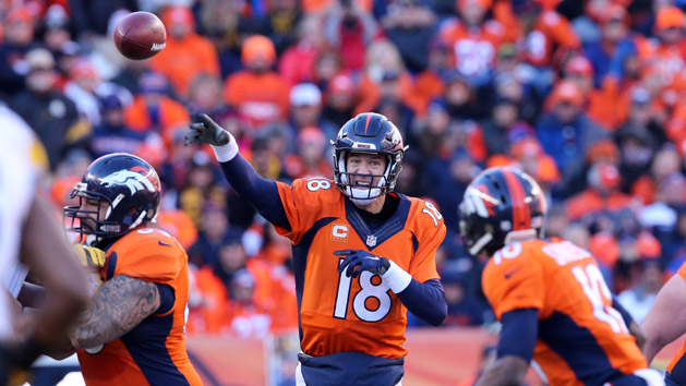 Jan 3, 2016; Denver, CO, USA; Denver Broncos quarterback Peyton Manning (18) prepares to pass in the fourth quarter against the San Diego Chargers at Sports Authority Field at Mile High. The Broncos defeated the Chargers 27-20. Mandatory Credit: Ron Chenoy-USA TODAY Sports