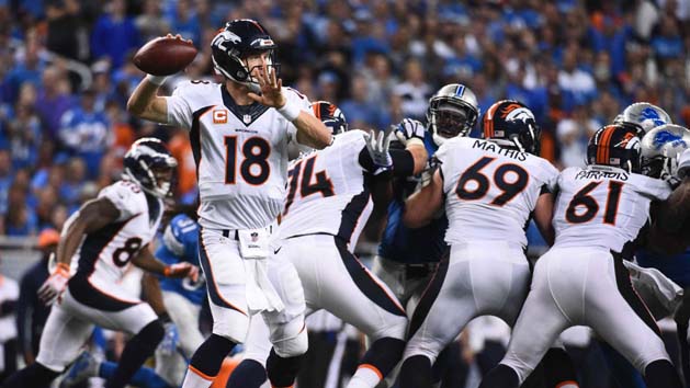 Sep 27, 2015; Detroit, MI, USA; Denver Broncos quarterback Peyton Manning (18) throws the ball during the fourth quarter against the Detroit Lions at Ford Field. Mandatory Credit: Tim Fuller-USA TODAY Sports