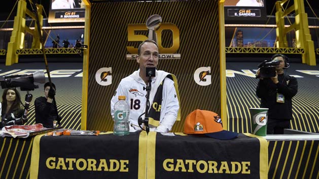 Feb 1, 2016; San Jose, CA, USA; Denver Broncos quarterback Peyton Manning (18) during Super Bowl 50 Opening Night media day at SAP Center. Mandatory Credit: Kyle Terada-USA TODAY Sports
