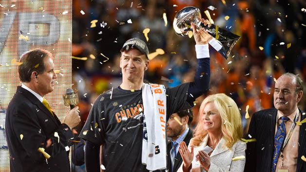 Feb 7, 2016; Santa Clara, CA, USA; Denver Broncos quarterback Peyton Manning holds up the Vince Lombardi Trophy after the game against the Carolina Panthers in Super Bowl 50 at Levi's Stadium. The Broncos won 24-10. Photo Credit: Kyle Terada-USA TODAY Sports