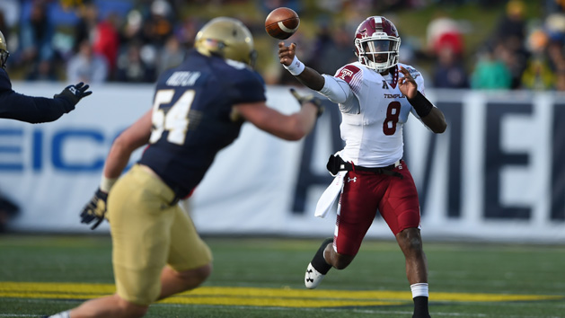 Dec 3, 2016; Annapolis, MD, USA; Temple Owls quarterback Phillip Walker (8) passes as Navy Midshipmen linebacker Taylor Heflin (54) drops back in coverage during the second quarter at Navy-Marine Corps Memorial Stadium. Photo Credit: Tommy Gilligan-USA TODAY Sports