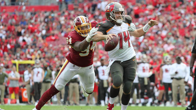 Nov 11, 2018; Tampa, FL, USA; Washington Redskins outside linebacker Preston Smith (94) sacks Tampa Bay Buccaneers quarterback Ryan Fitzpatrick (14) and forces a fumble during the second half at Raymond James Stadium. Photo Credit: Kim Klement-USA TODAY Sports