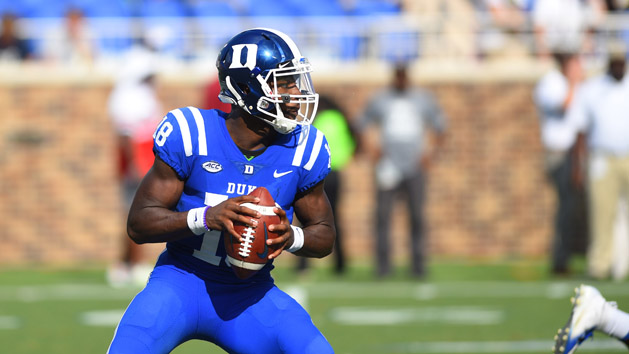 Sep 22, 2018; Durham, NC, USA; Duke Blue Devils quarterback Quentin Harris (18) looks to pass n the second quarter at Wallace Wade Stadium. Photo Credit: Bob Donnan-USA TODAY Sports