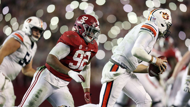 Nov 24, 2018; Tuscaloosa, AL, USA; Alabama Crimson Tide defensive lineman Quinnen Williams (92) pressures Auburn Tigers quarterback Jarrett Stidham (8) during the second half at Bryant-Denny Stadium. Photo Credit: Marvin Gentry-USA TODAY Sports