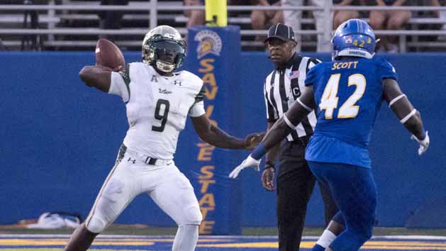 August 26, 2017; San Jose, CA, USA; South Florida Bulls quarterback Quinton Flowers (9) passes the football against San Jose State Spartans linebacker Jamal Scott (42) during the third quarter at CEFCU Stadium. Photo Credit: Kyle Terada-USA TODAY Sports
