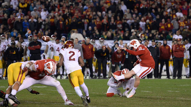 Dec 30, 2015; San Diego, CA, USA; Wisconsin Badgers place kicker Rafael Gaglianone (10) makes a field goal against the USC Trojans during the fourth quarter in the 2015 Holiday Bowl at Qualcomm Stadium. Mandatory Credit: Jake Roth-USA TODAY Sports