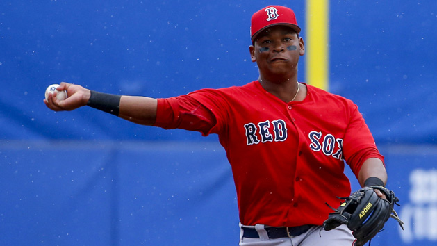 Mar 13, 2017; Dunedin, FL, USA; Boston Red Sox third baseman Rafael Devers (74) throws to first for the out on Toronto Blue Jays batter Ryan Goins (17) in the fourth inning of a baseball game during spring training at Florida Auto Exchange Stadium. Photo Credit: Butch Dill-USA TODAY Sports