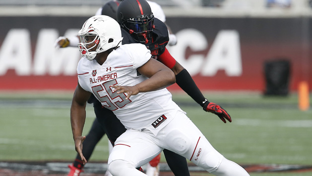Jan 2, 2016; Orlando, FL, USA; Team Highlight's Rashan Gary (55) rushes the line during the second half of the Under Armour All American Football Game against Team Armour at the Orlando Citrus Bowl. Team Highlight beat Team Armour 27-0. Mandatory Credit: Reinhold Matay-USA TODAY Sports
