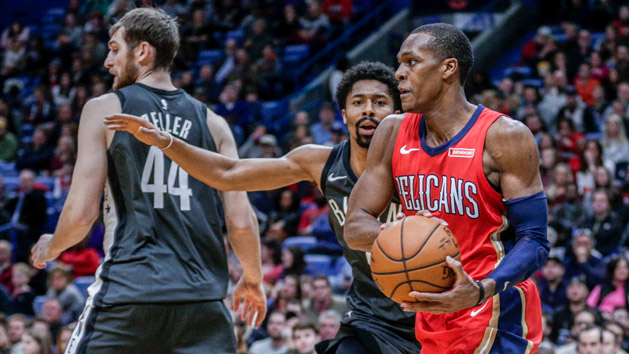 Dec 27, 2017; New Orleans, LA, USA; New Orleans Pelicans guard Rajon Rondo (9) looks to pass against the Brooklyn Nets during the second half at the Smoothie King Center. The Pelicans defeated the Nets 128-113. Photo Credit: Derick E. Hingle-USA TODAY Sports