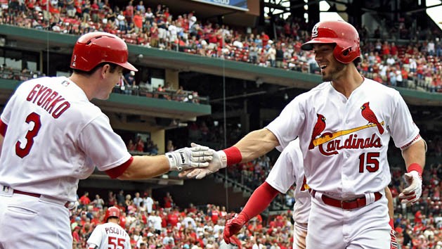 Jun 26, 2017; St. Louis, MO, USA; St. Louis Cardinals left fielder Randal Grichuk (15) is congratulated by third baseman Jedd Gyorko (3) after hitting a two run home run off of Cincinnati Reds relief pitcher Austin Brice (not pictured) during the fourth inning at Busch Stadium. Photo Credit: Jeff Curry-USA TODAY Sports