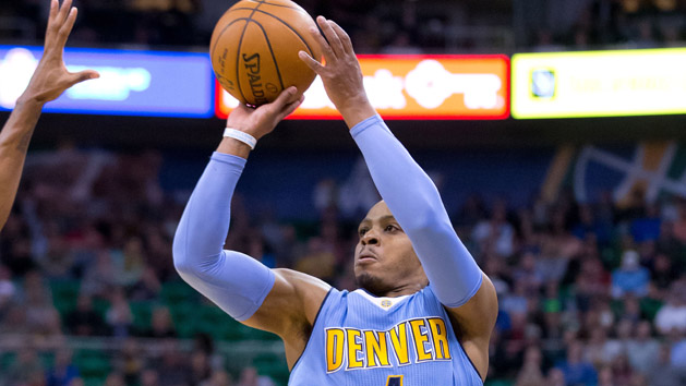 Feb 3, 2016; Salt Lake City, UT, USA; Denver Nuggets guard Randy Foye (4) shoots the ball during the first half against the Utah Jazz at Vivint Smart Home Arena. Mandatory Credit: Russ Isabella-USA TODAY Sports