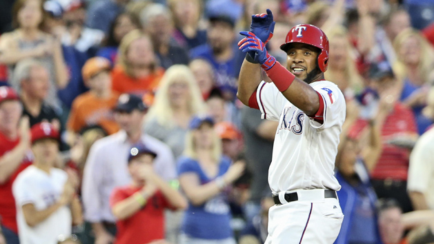 Apr 21, 2016; Arlington, TX, USA; Texas Rangers shortstop Elvis Andrus (1) reacts after hitting an rbi triple during the third inning against the Houston Astros at Globe Life Park in Arlington. Mandatory Credit: Kevin Jairaj-USA TODAY Sports