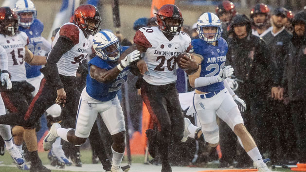 Sep 23, 2017; Colorado Springs, CO, USA; San Diego State Aztecs running back Rashaad Penny (20) is pushed out of bounds by Air Force Falcons defensive back Marquis Griffin (2) in the first quarter at Falcon Stadium. Photo Credit: Isaiah J. Downing-USA TODAY Sports