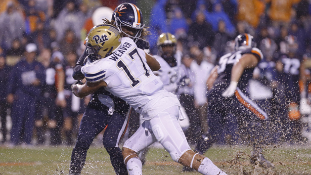 Nov 2, 2018; Charlottesville, VA, USA; Virginia Cavaliers quarterback Bryce Perkins (3) is tackled by Pittsburgh Panthers defensive lineman Rashad Weaver (17) in the first quarter at Scott Stadium. Photo Credit: Geoff Burke-USA TODAY Sports