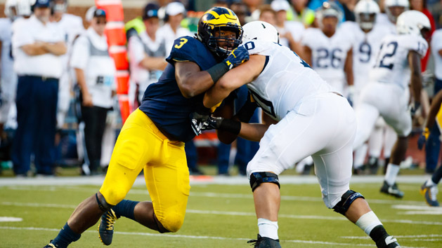 Sep 24, 2016; Ann Arbor, MI, USA; Michigan Wolverines defensive end Rashan Gary (3) rushes on Penn State Nittany Lions guard Brendan Mahon (70) at Michigan Stadium. Photo Credit: Rick Osentoski-USA TODAY Sports